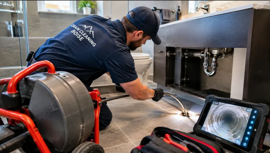 Drain cleaning service in Boise plumber clearing a clogged drain