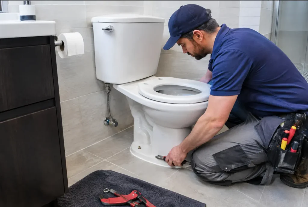 Plumbers Boise repairing a residential toilet with professional plumbing tools
